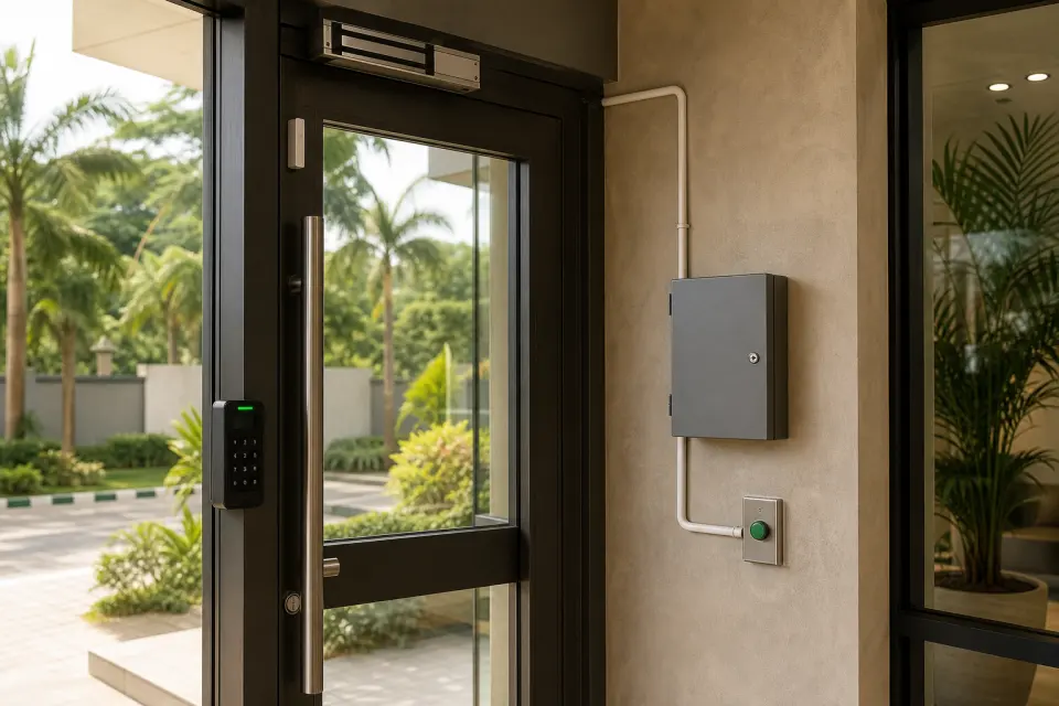 Smart access reader, magnetic lock and protected controller at a commercial entrance
