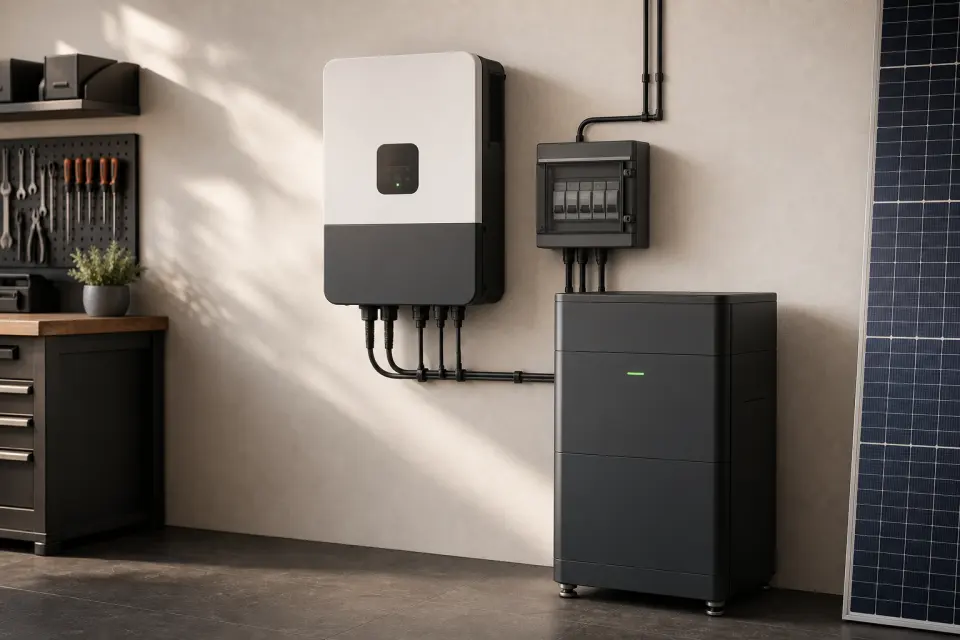 Unbranded solar inverter, battery cabinet and protected electrical components arranged in a workshop