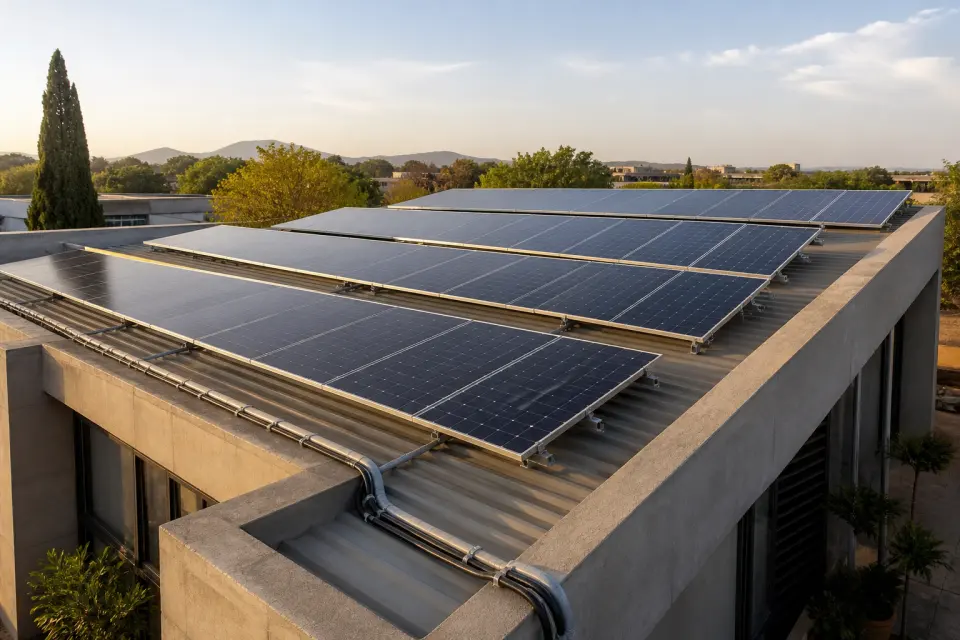 Aligned solar panels on a low-rise commercial rooftop in an Abuja setting