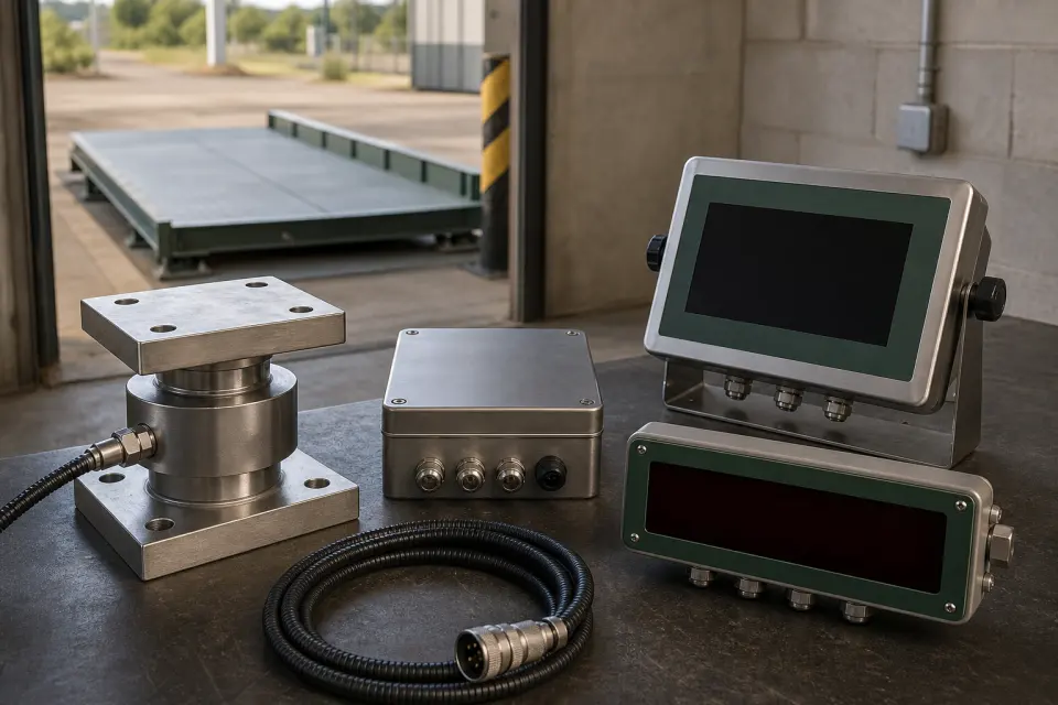 Weighbridge load cell, junction box, indicator and cabling on a calibration bench