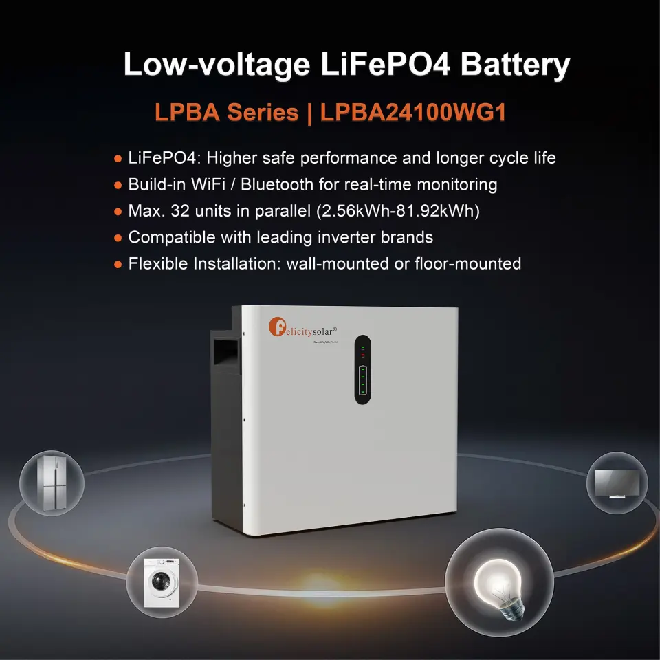 Felicity Solar LPBA24100WG1 25.6V LiFePO4 battery for solar energy storage